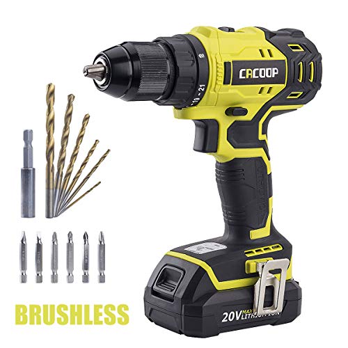 Cacoop Cordless Drill Driver Set 20V Brushless Compact Drill with Lithium-ion Battery and Charger 12 inch Keyless Chuck 2 Variable Speed for Home DIY Wood Drilling