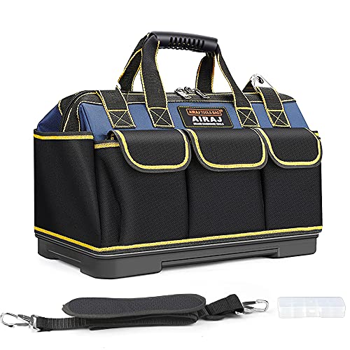 AIRAJ 16Inch Tool Bag for Men Large Tool Bag with ABS Plastic Molded BaseTool Bag wth Adjustable Shoulder StrapSuitable for Electricians Carpenters Plumbers Car Mechanics Homeowners