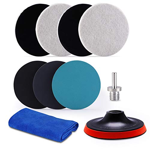 ZFE 5Inch Glass polishing Pads 10Pcs Wool Felt Disc Glass Polishing Kit Buffing Pads Sanding Discs with Backing Pad and M14 Drill Adapter for Rotary Tools Polish Glass and Metal