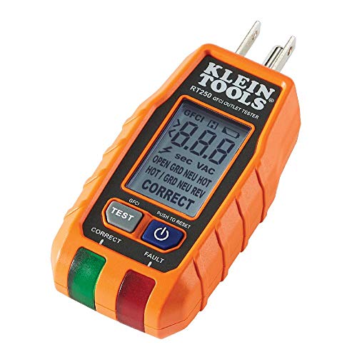 Klein Tools RT250 GFCI Receptacle Tester with LCD Display for Standard 3Wire 120V Electrical Outlets
